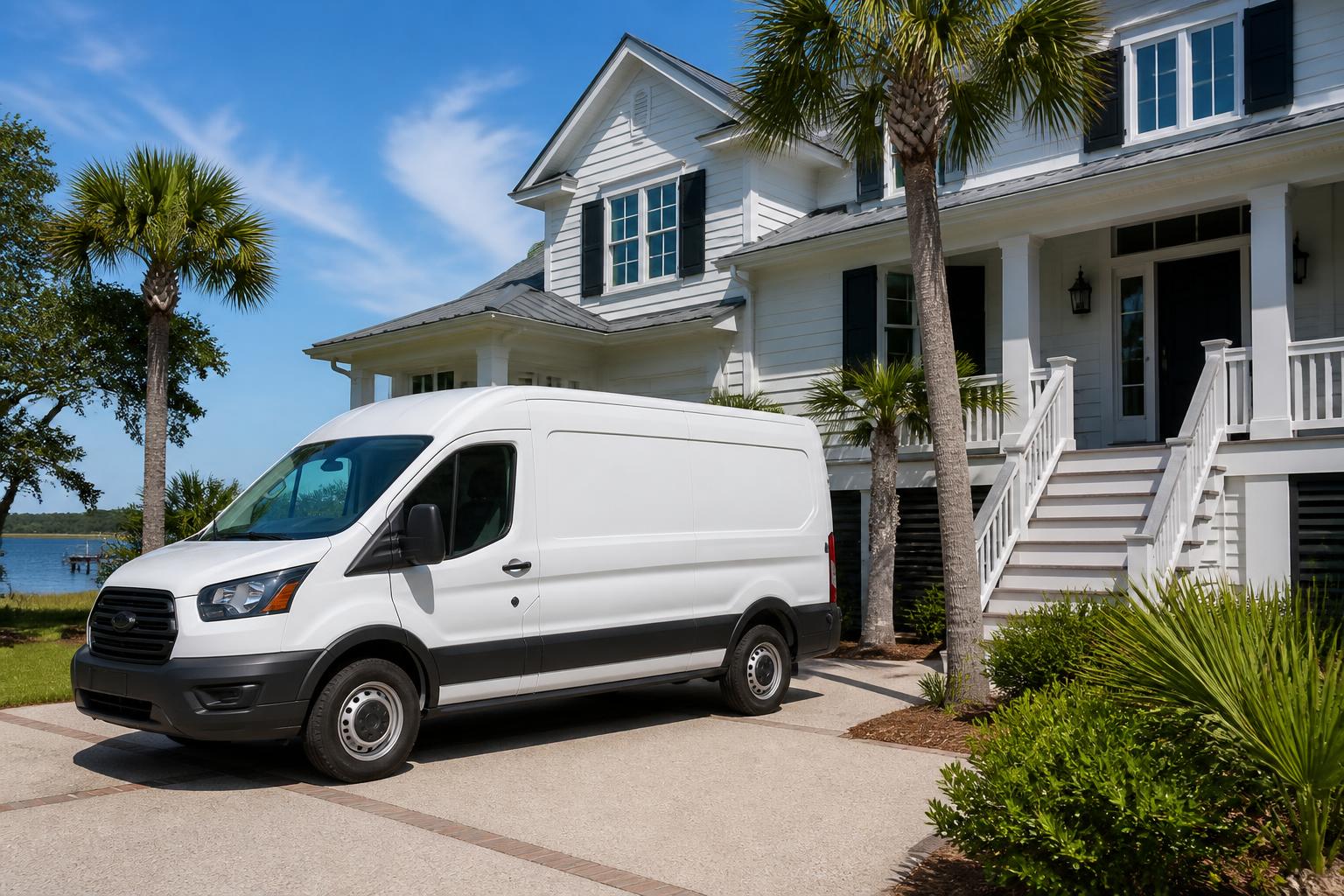 French Broad Garage Door Repair service van in a Asheville driveway